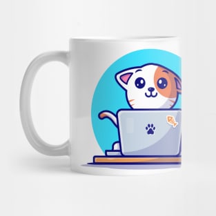 Cute Cat Working On Laptop With Coffee Cup Cartoon Vector Icon Illustration (2) Mug